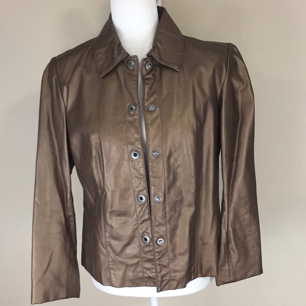Bernardo Bronze Metallic Leather Snap Front Jacket Blazer Coat Size Medium